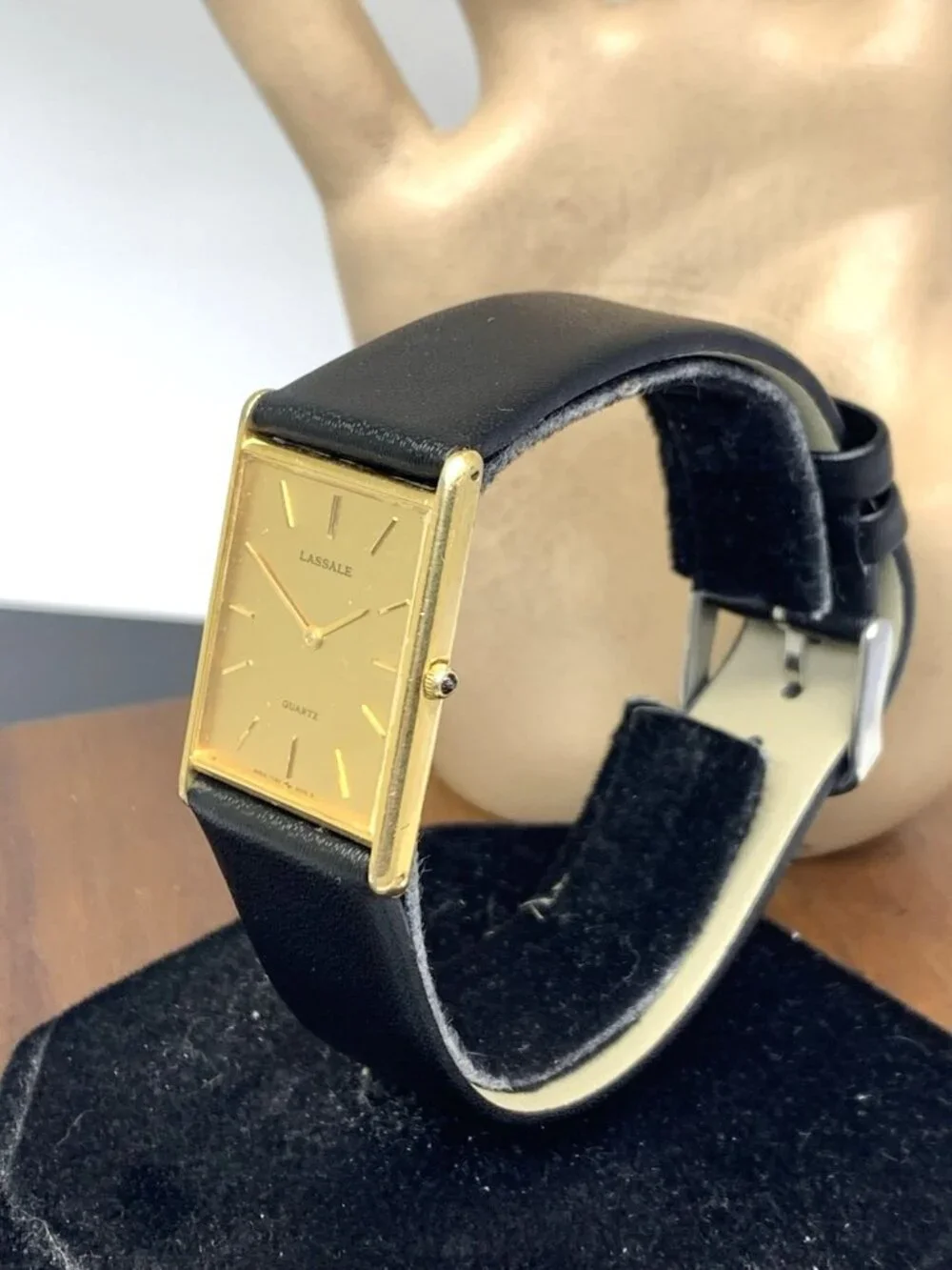 Lassale By Seiko Watch 7730-5059 Quartz Tank Gold Dial Black Leather Strap 23mm